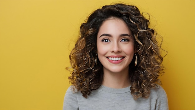 Une jeune femme d'apparence positive et amicale, de race mixte, aux cheveux bruns bouclés, souriante et joyeuse.