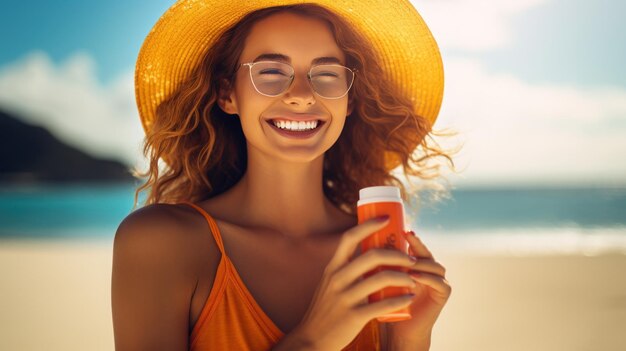 une jeune femme appliquant de la crème solaire sur la plage
