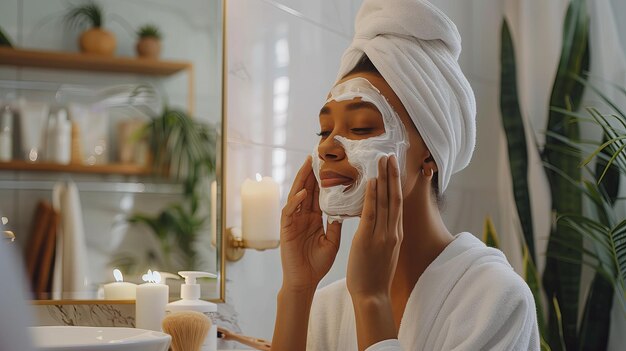 une jeune femme appliquant un masque facial