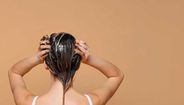 Une jeune femme appliquant un masque pour les cheveux sur un fond beige