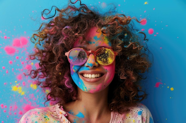 Jeune femme appréciant le festival Holi avec de la peinture colorée