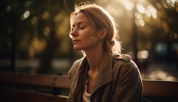 Jeune femme appréciant la nature des feuilles d'automne tombant générées par l'IA