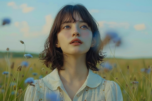 Jeune femme appréciant la nature sereine dans une prairie en fleurs au coucher du soleil Portrait artistique en plein air