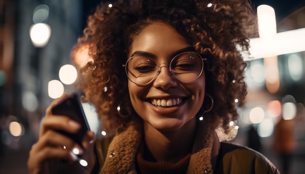 Photo jeune femme appréciant la vie de la ville envoyant des sms sur le téléphone générés par l'ia