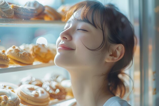 Une jeune femme apprécie l'arôme de produits de boulangerie frais près d'une vitrine éclairée par le soleil