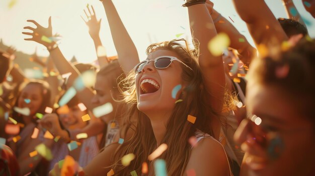 Une jeune femme apprécie un festival de musique. Elle porte des lunettes de soleil et a les bras en l'air.