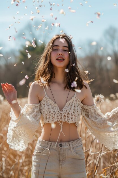 Photo une jeune femme apprécie la nature les fleurs fleurissent autour d'elle dans un champ ensoleillé