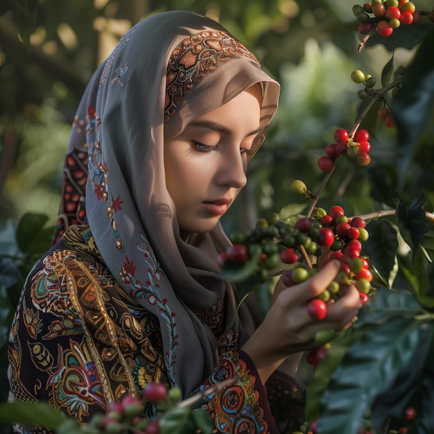 jeune femme arabe cueillant à la main des baies de café