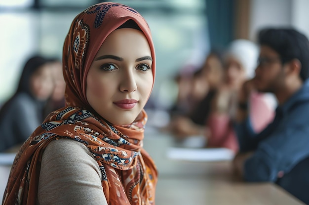 Une jeune femme arabe écoute une présentation lors d'une réunion de groupe.