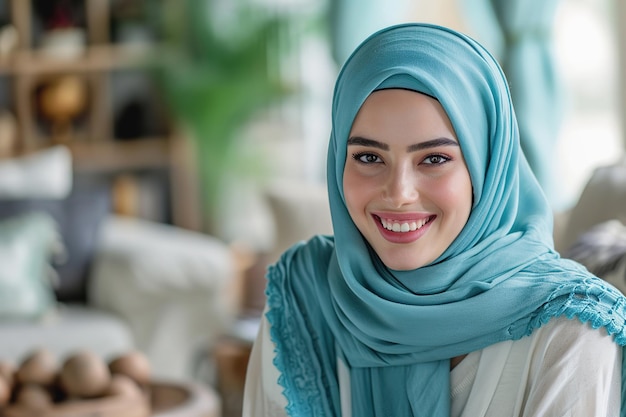 Jeune femme arabe en hijab teal heureuse et confiante portrait en intérieur