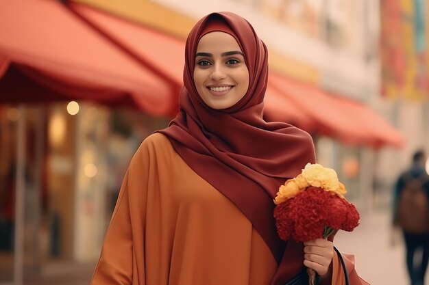 Une jeune femme arabe avec des sacs d'achat dans une rue urbaine