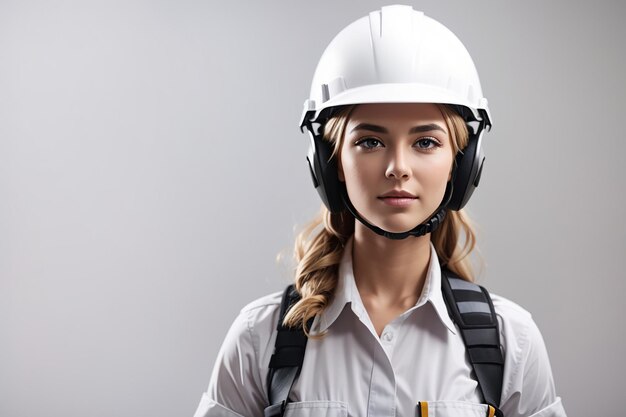 Photo jeune femme architecte en uniforme et casque