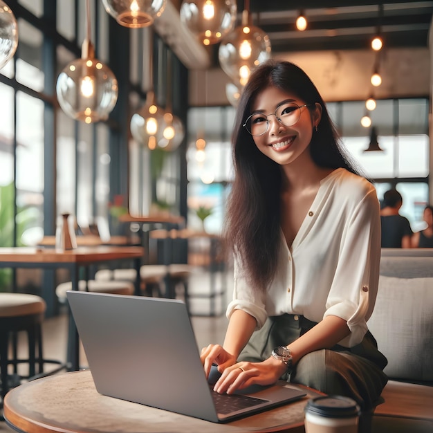 Photo une jeune femme asiatique assise dans un café moderne travaillant sur son ordinateur portable avec un sourire sur le visage