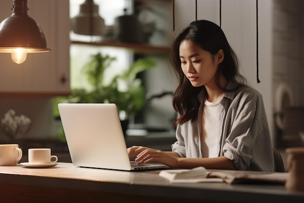 Une jeune femme asiatique assise à la maison avec un ordinateur portable, une fille qui navigue sur des sites Web ou étudie.