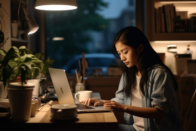 Une jeune femme asiatique assise à la maison avec un ordinateur portable, une fille qui navigue sur des sites Web ou étudie.