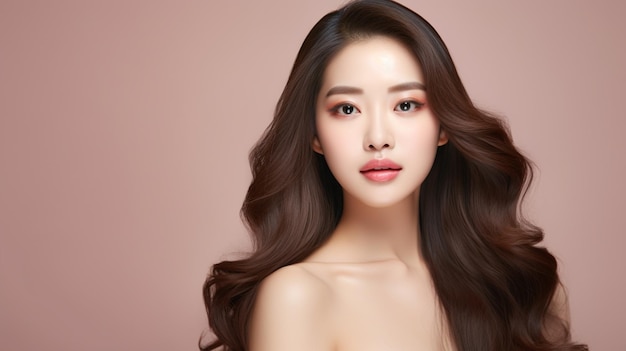 jeune femme asiatique beauté modèle cheveux longs avec un style de maquillage coréen visage peau parfaite fond