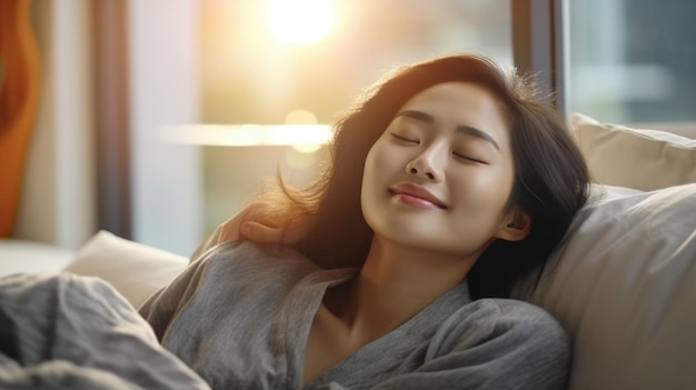 Jeune femme asiatique bien dormir dans son lit