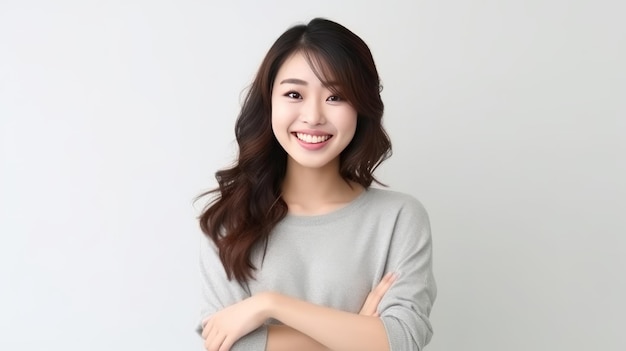 Jeune femme asiatique bras croisés fond isolé et souriant