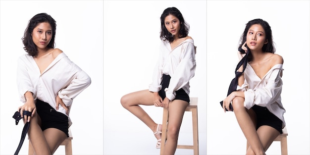 Une jeune femme asiatique en chemise blanche s'assoit sur un tabouret en bois, regarde la caméra et agit dans de nombreuses poses, des filles de mannequins dans un pack de groupe de collage sur un éclairage de studio Fond blanc, espace de copie isolé