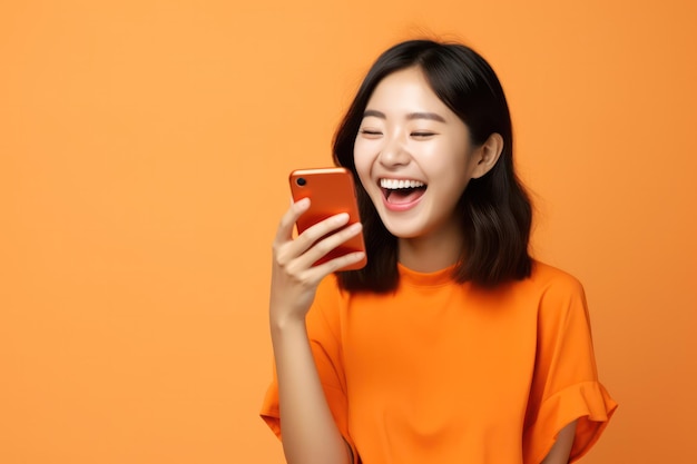 Une jeune femme asiatique en chemise orange tient un smartphone avec une énergie vibrante, un style de vie moderne et un concept de connectivité
