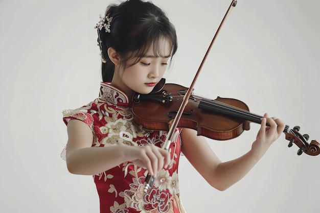 Une jeune femme asiatique en costume noir est apparue en train de jouer du violon sur un décor blanc.