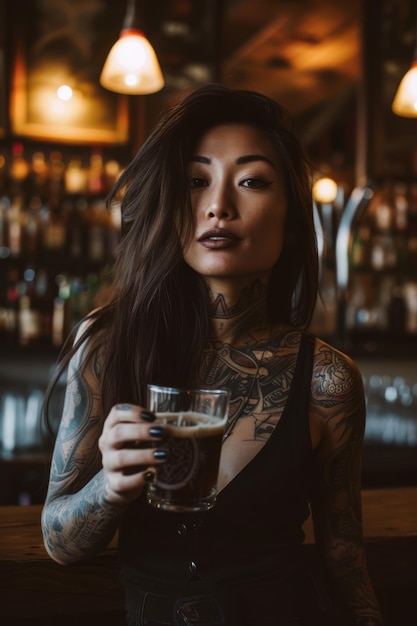 Une jeune femme asiatique dans un bar urbain.