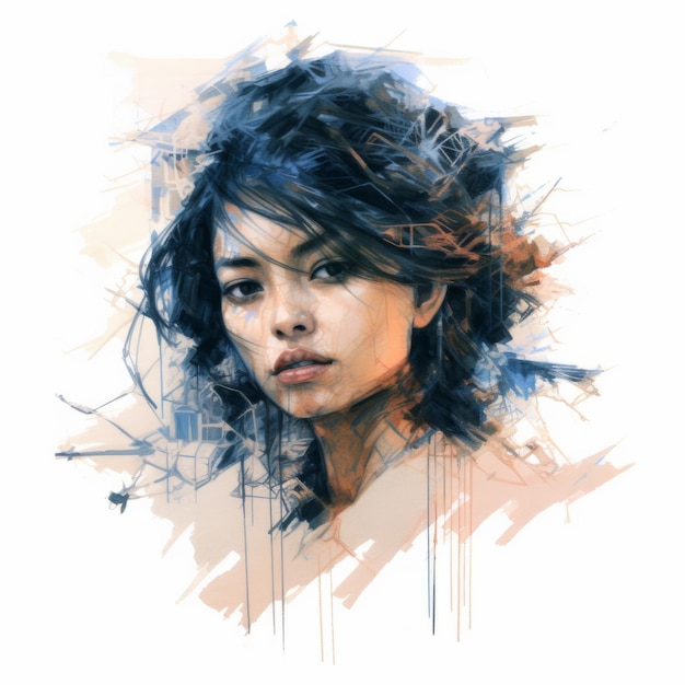 Jeune femme asiatique dans l'illustration de la pensée et des doutes Personnage hipster féminin avec un visage rêveur sur fond abstrait Ai a généré une affiche colorée dessinée lumineuse