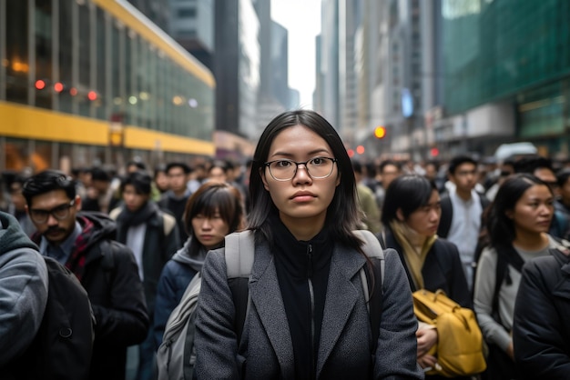 Une jeune femme asiatique debout dans une foule de gens qui marchent en regardant la caméra Daytime Big City