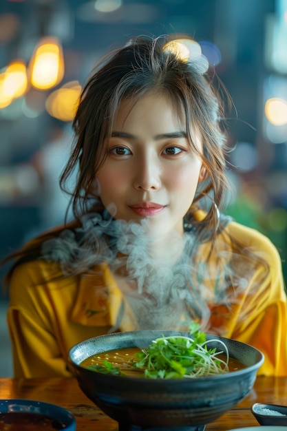 Photo une jeune femme asiatique dégustant un bol de soupe traditionnelle dans un restaurant confortable au chaud