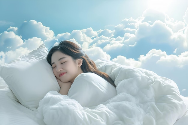 Une jeune femme asiatique dort sur un oreiller blanc et doux parmi des nuages moelleux.