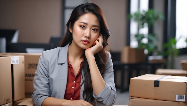 Jeune femme asiatique e-commerce PME entreprise stressée s'appuyant sur le paquet au bureau à domicile