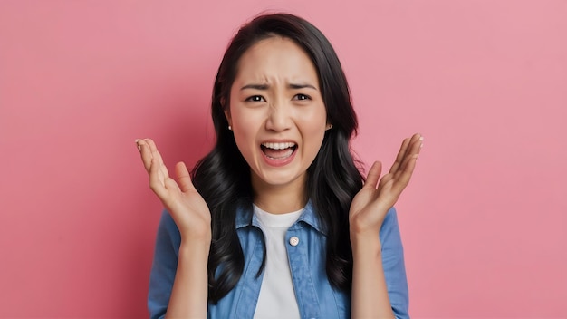 Une jeune femme asiatique avec une expression négative, excitée, criant, pleurant, émotionnellement en colère, en vêtements décontractés.