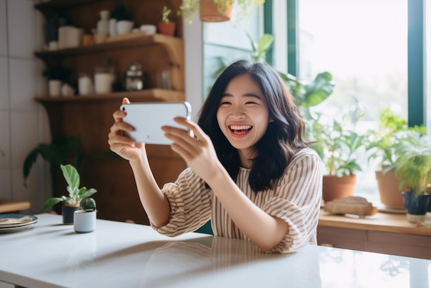 jeune femme asiatique faisant un appel vidéo avec un smartphone assis sur la table souriant heureux et positif