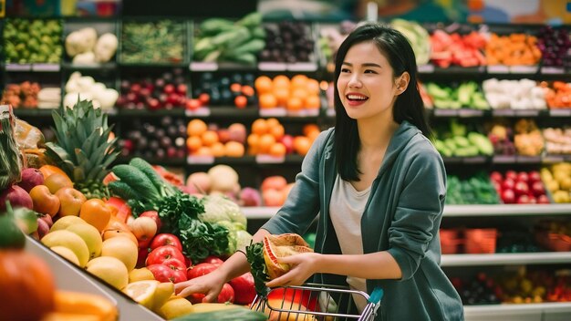 Une jeune femme asiatique fait ses courses au supermarché.