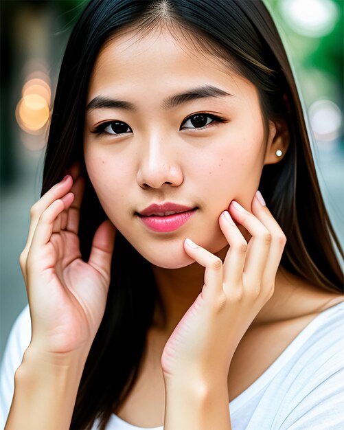 Une jeune femme asiatique ferme les mains et touche le visage.