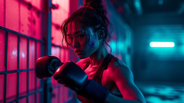 Jeune femme asiatique avec des gants de boxe Entraînement ciblé