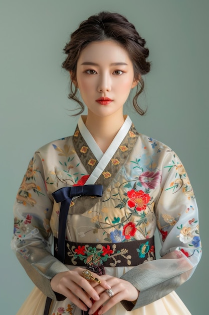 Une jeune femme asiatique en hanbok traditionnel posant sur un fond vert doux