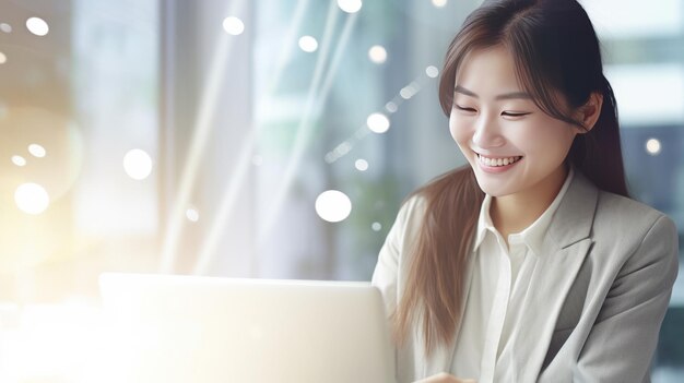 Une jeune femme asiatique heureuse, une femme d'affaires blanche, travaillant sur un ordinateur portable.