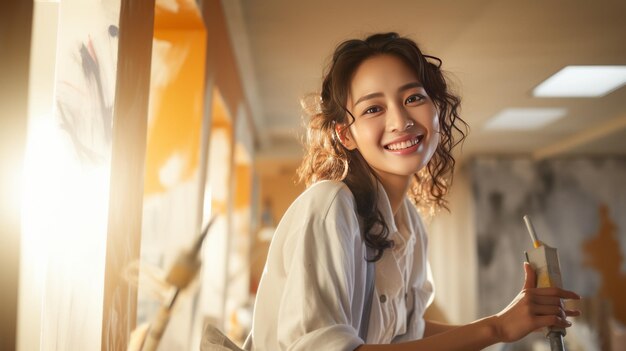 Une jeune femme asiatique heureuse peint un mur intérieur avec un rouleau de peinture dans une nouvelle maison.