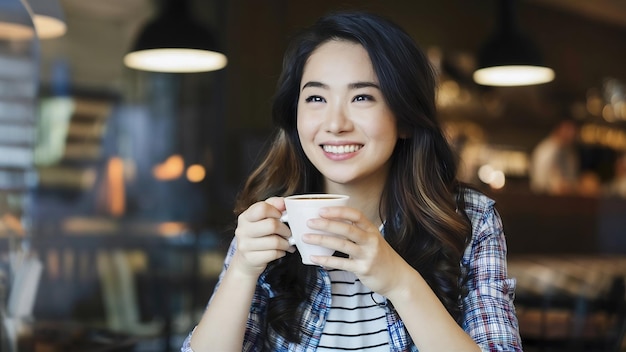 Une jeune femme asiatique joyeuse buvant du café chaud ou du thé en s'amusant assise dans un café