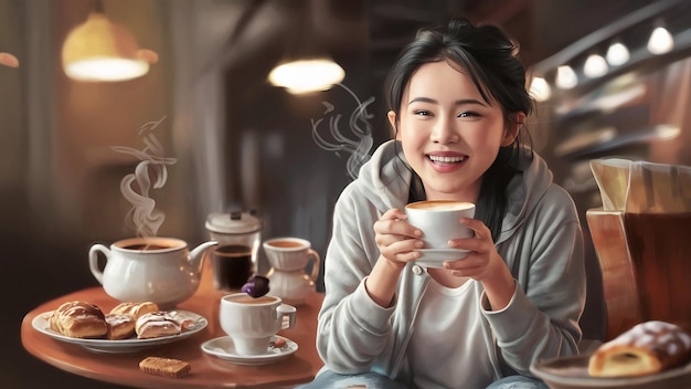 Une jeune femme asiatique joyeuse buvant du café chaud ou du thé en s'amusant assise dans un café