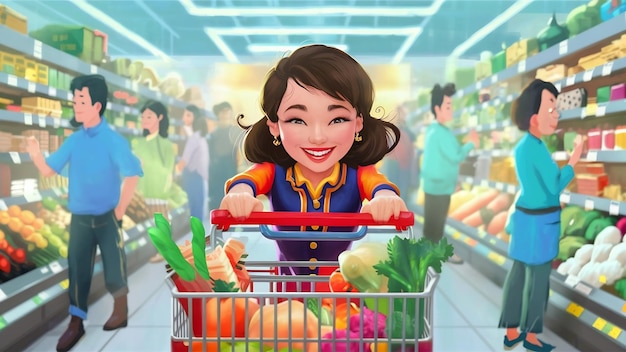 Photo une jeune femme asiatique joyeuse avec un chariot d'achat au supermarché