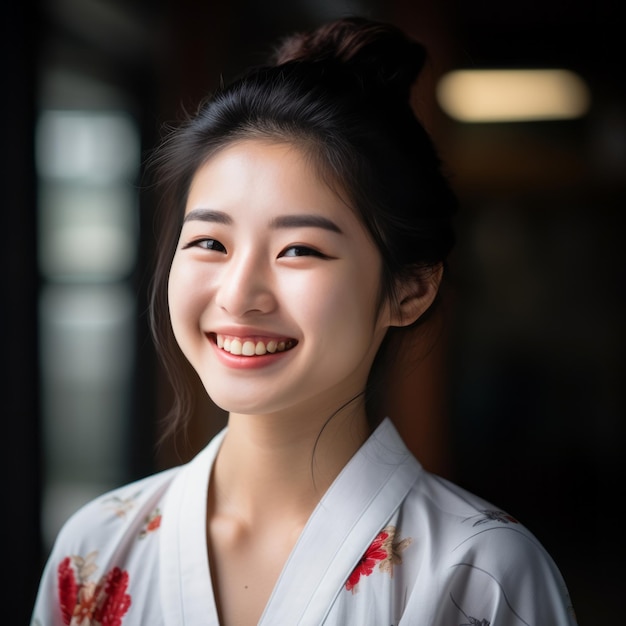 jeune femme asiatique en kimono souriant