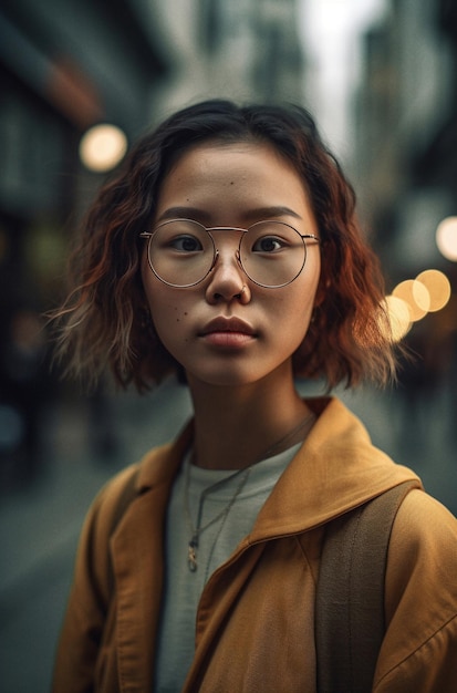 Jeune femme asiatique avec des lunettes marchant dans une rue de la ville