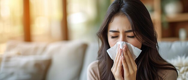 Une jeune femme asiatique malade conceptualisant la rhinite saisonnière de la grippe ou une réaction allergique à la fièvre des foins tout en étant assise sur un canapé et en soufflant son nez dans un mouchoir