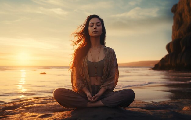 Une jeune femme asiatique médite autour de la mer