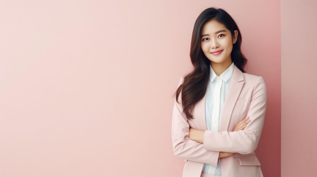 Jeune femme asiatique opérateur professionnel debout dans les vêtements de bureau sourire