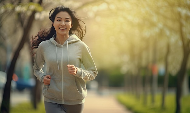 Jeune femme asiatique passionnée de fitness faisant du jogging dans un parc serein Athlète féminine en sweat à capuche courant au milieu de la verdure Créée avec des outils d'IA génératifs