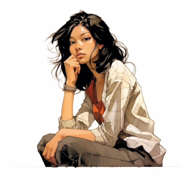 Jeune femme asiatique en pensant et doute illustration aquarelle Personnage hipster féminin avec un visage rêveur sur fond abstrait Ai a généré une affiche colorée dessinée lumineuse