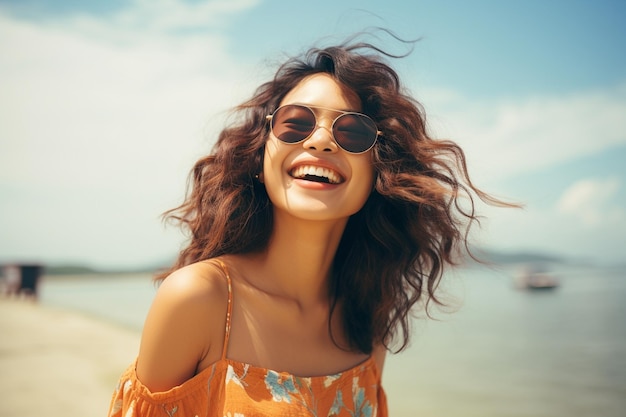 une jeune femme asiatique portant des lunettes de soleil profite des vacances d'été